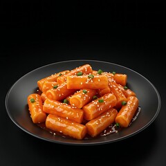 tteokbokki , 떡볶이, (spicy rice cakes) in a glossy red sauce, garnished with sesame seeds and green onions, in a black dish on a black background.	
