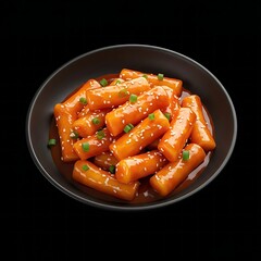  tteokbokki , 떡볶이, (spicy rice cakes) in a glossy red sauce, garnished with sesame seeds and green onions, in a black dish on a black background.	
