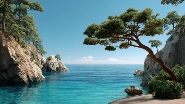 a scenic coastal view showcasing a serene turquoise ocean, complemented by lush greenery and clear blue skies