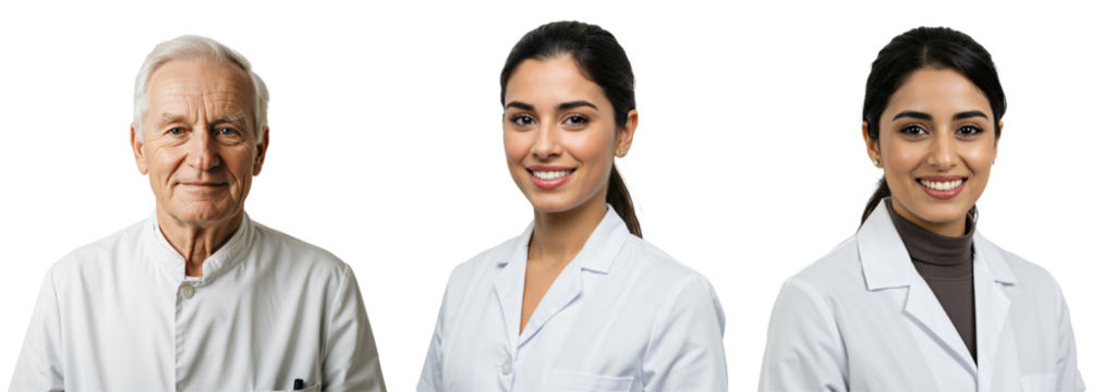 Diverse Medical Team Portraits: Senior Caucasian Male Doctor and Two Young South Asian Female Doctors in White Coats. Healthcare Professionals on transparent background.