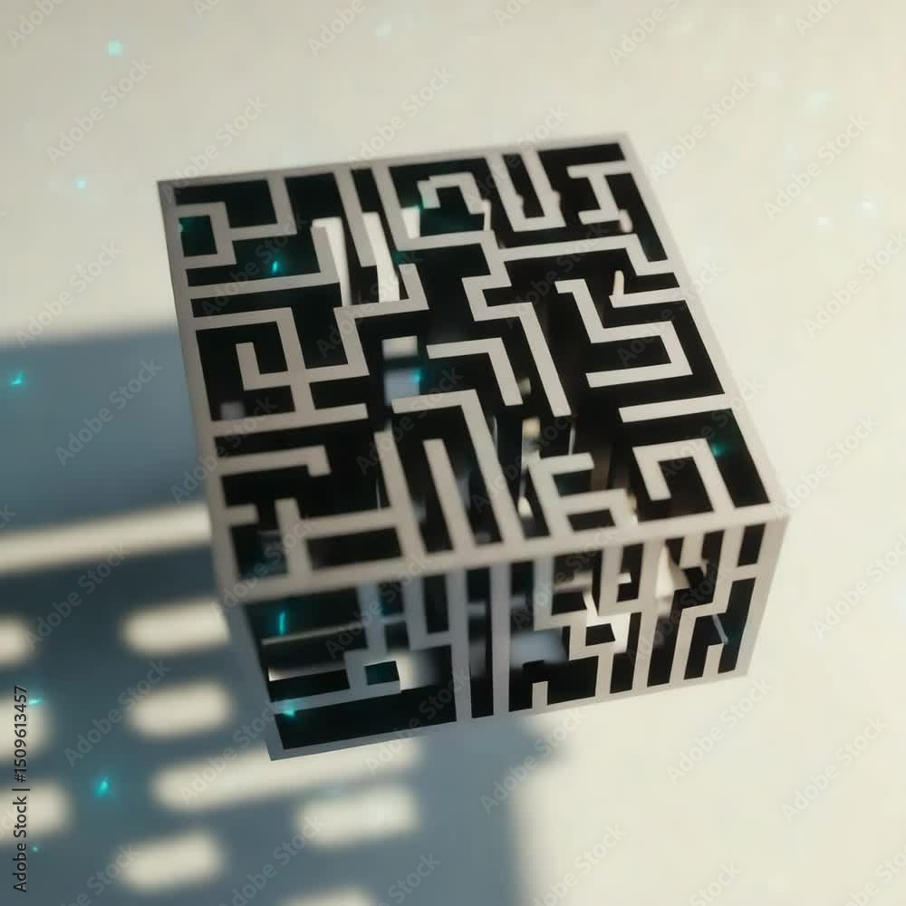 Aufkleber A metallic cube featuring an intricate maze pattern casts geometric shadows on a light surface.