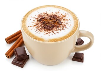 A cup of cappuccino with chocolate shavings and cinnamon sticks on the side