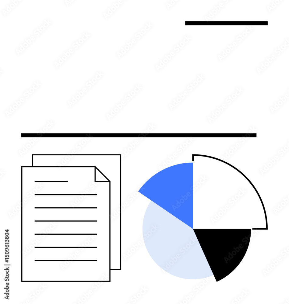 Aufkleber papers stacked next to a divided pie chart conveying analysis, record-keeping, and statistics. ideal