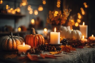 Elegant autumn-themed tabletop with pumpkins, and candles