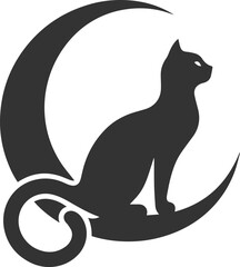 A cute cat sitting on moon black vector animal silhouette drawing