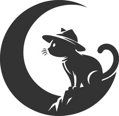 A cute cat sitting on moon black vector animal silhouette drawing