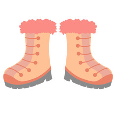 Pink Fur Winter Boots Flat Vector