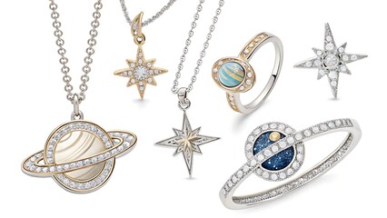 Display of celestial themed jewelry with rings and necklaces
