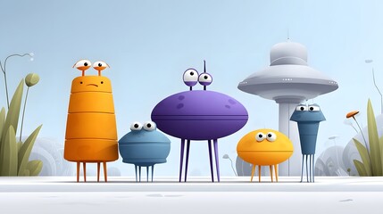 Group of quirky alien creatures observing a mysterious spaceship