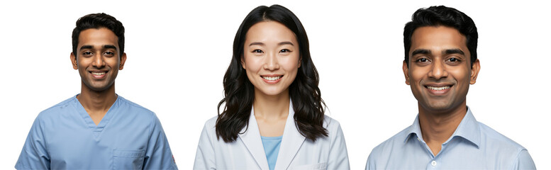 Diverse group of young professionals, including two South Asian men and an East Asian woman, smiling confidently. Portraits of medical and business staff on a transparent background.