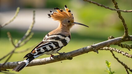 Hoopoe bird perched on a branch with green background scenery