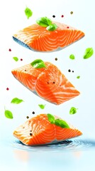 Three salmon fillets levitate, adorned with basil and peppercorns, above a rippling water surface