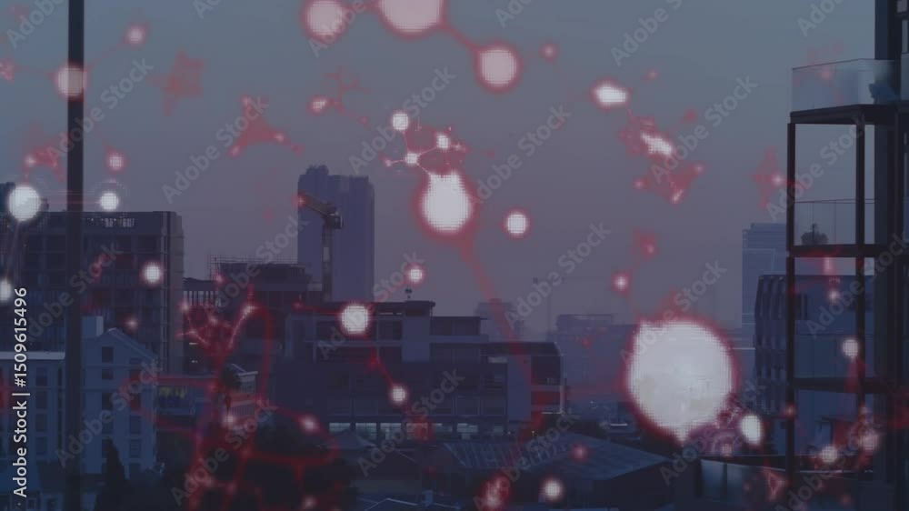 Poster dusk skyline fading before glowing red white nodes forming and pulsing network enveloping city