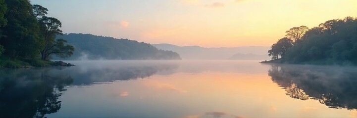 Serene waterfront scene at dawn, mist clinging to the calm water, reflecting the soft morning light on the tranquil surface Ideal for travel, nature, and serenity themes , breathtaking, sunrise