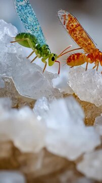Two springtails with patterned wings perch on crystalline surface in a macro shot