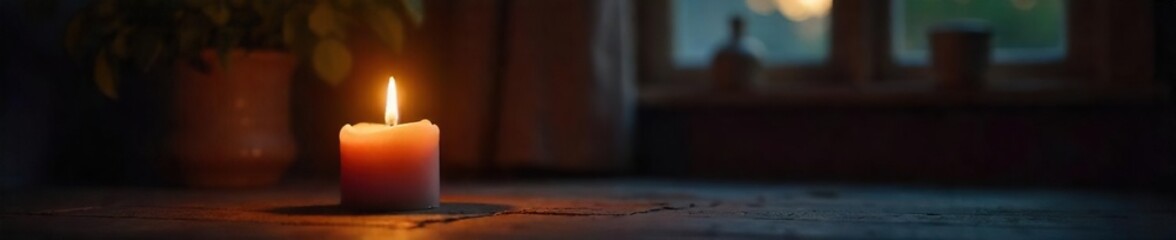 A single, softly lit candle illuminates a dark room, creating a warm and inviting atmosphere Perfect for themes of relaxation, peace, tranquility, and home comfort , atmosphere, yoga, interior design