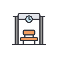 Stylized Public Transit Stop With A Clock And Seating Area Icon