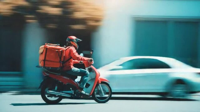 Express Delivery Ride: A blurred image captures the speed of express food delivery by scooter, weaving through the city streets. Delivering convenience.