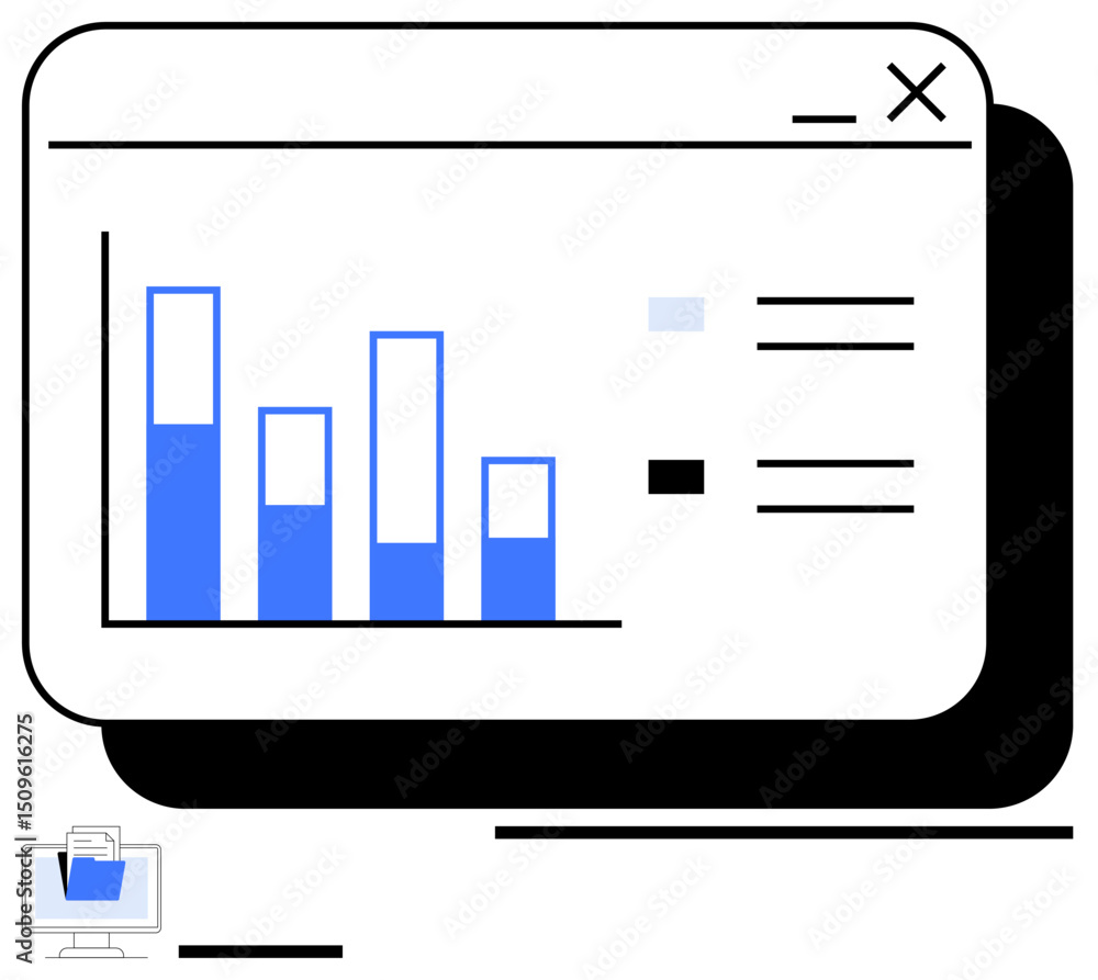 Poster bar chart with blue bars in a computer window interface, grid design, and legend. ideal for data man