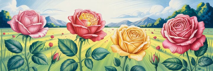 Beautiful roses bloom vibrantly in a tranquil field surrounded by majestic mountains and a clear blue sky
