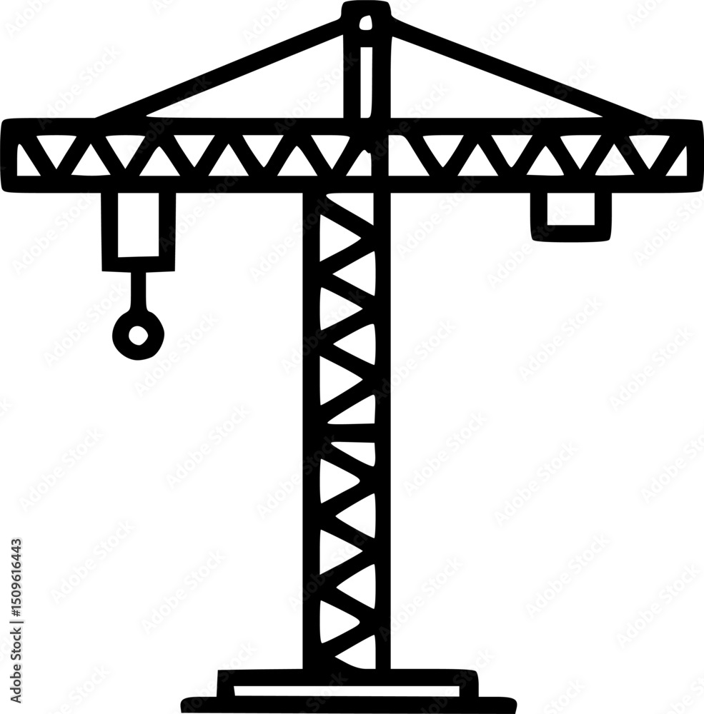 Poster a line drawing of a crane features a vertical tower with geometric supports and a horizontal boom to