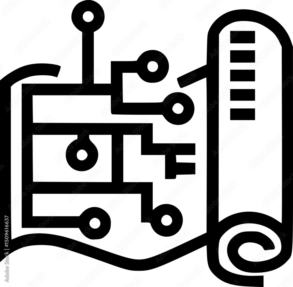 Poster an icon of a circuit board beside a scroll with horizontal bars
