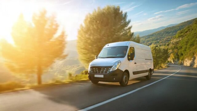 On the Road: A delivery van cruises along a scenic, sun-drenched road, reflecting the efficiency and dynamism of the modern transport industry.