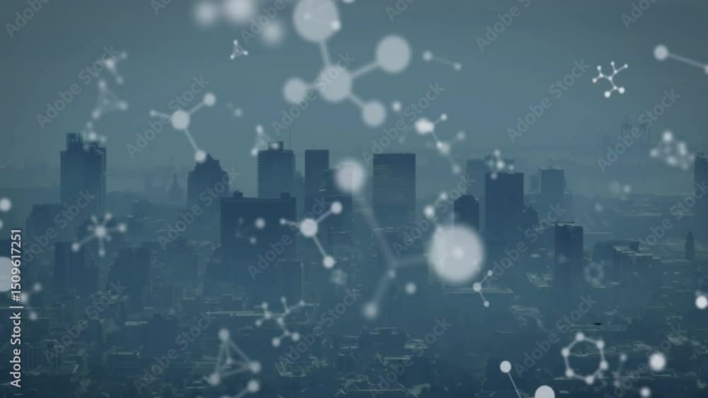 Poster triggered by haze, network nodes forming clusters merging and dissolving visualizing connectivity