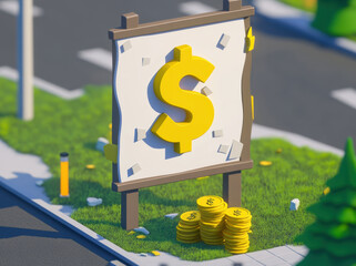 Vibrant sign featuring large dollar symbol stands prominently grassy area, surrounded by scattered coins. scene captures playful and colorful representation of wealth and finance, set against