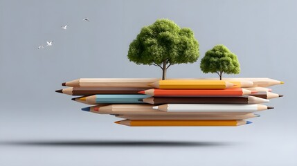 Floating island of books and pencils, a conceptual hybrid of knowledge and imagination.