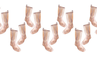 Watercolor seamless border with beige rubber boots on white background. Shoes for summer or spring rainy walk. Autumn waterproof outfit. Protection wellingtons for garden. Rim for wallpaper wrapping