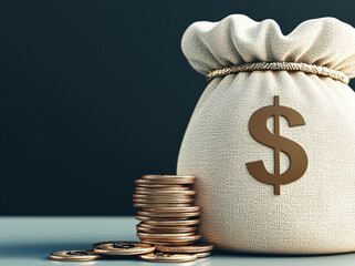 Money bag filled with coins symbolizes wealth and prosperity. bag is made of fabric and features dollar sign, while coins are stacked beside it, creating sense of abundance and financial success