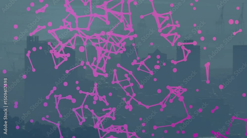 Aufkleber glowing dots appearing over skyline, drifting and linking into magenta network showing data flow