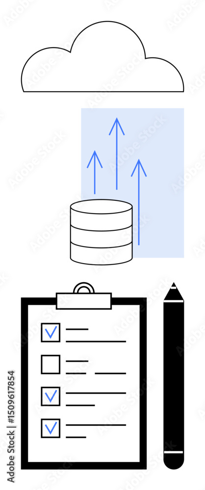 Poster cloud, database with upload arrows, checklist on clipboard, and pen. ideal for cloud storage, task o