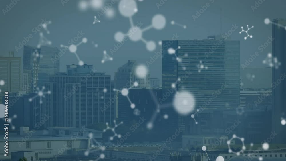 Poster white nodes and thin lines fading in, pulsing and drifting across city skyline showing network flow