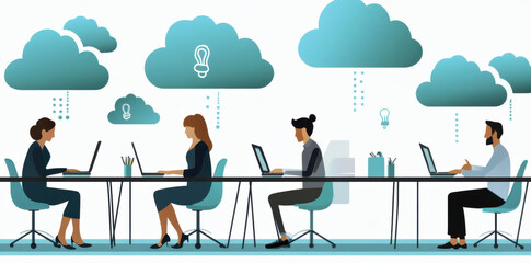 Office workers collaborating in modern workspace with cloud technology, showcasing creativity and innovation. atmosphere is productive and inspiring, with ideas represented as light bulbs