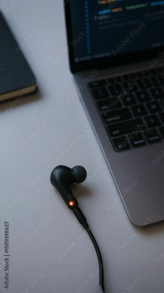 Aufkleber freelancer ai developer working on laptop with earphone nearby creating focused productive workspace