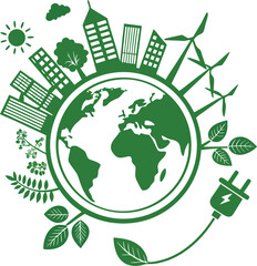 Sustainable Earth Illustration with Green Cityscape and Clean Energy Symbol
