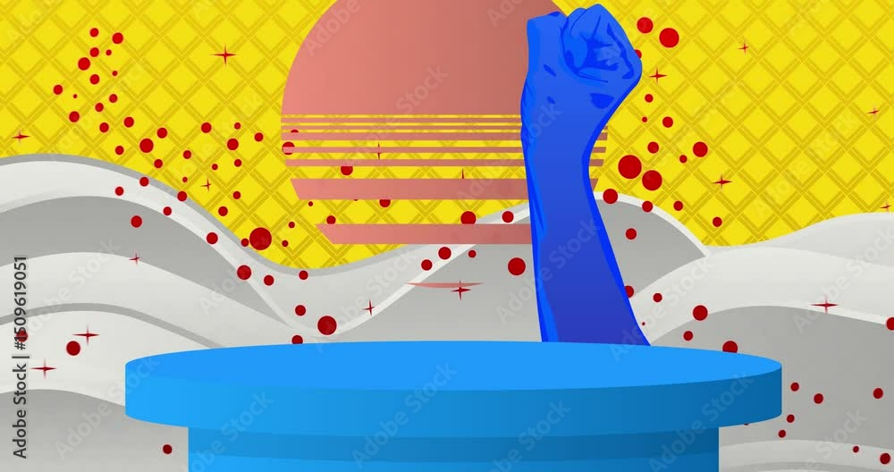 Poster mockup product display with clenched, raised fists at a demonstration. animation cylinder pedestal p