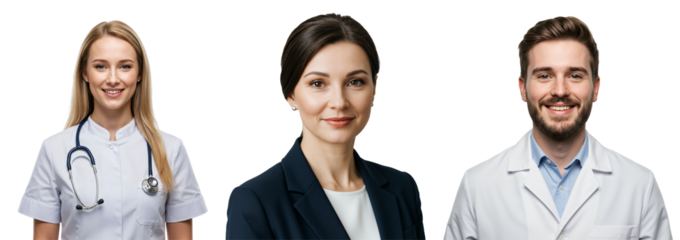 Medical and Business Professionals: Smiling Young Blonde Female Doctor, Brunette Businesswoman, and Bearded Male Doctor, Headshots.