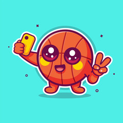 happy basketball ball character mascot taking a selfie with a smartphone isolated cartoon 