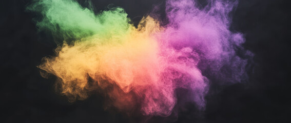 Colorful smoke in vibrant shades of green, yellow, pink, and purple against black background creates dynamic and artistic visual. This evokes sense of creativity and energy