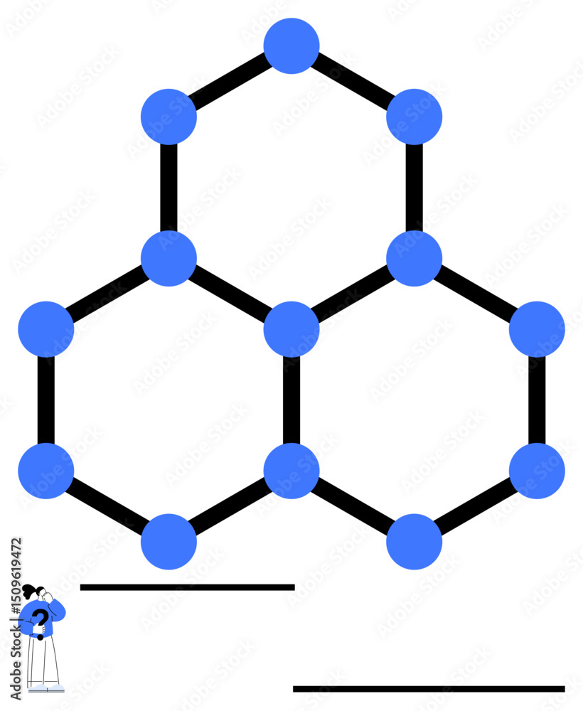 Poster geometric hexagonal pattern connected by blue circles with a person observing. ideal for science, in