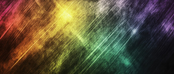 Vibrant rainbow gradient with textured appearance featuring streaks of color including yellow orange red green blue and purple against dark background creating dynamic visual effect