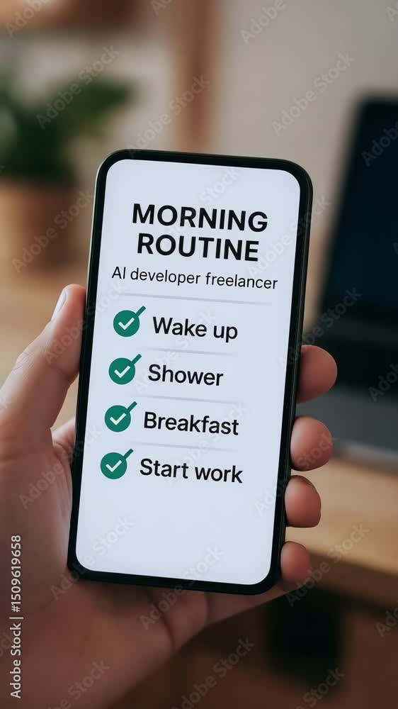 Aufkleber morning routine checklist on smartphone hand with tasks wake shower breakfast start work for ai deve