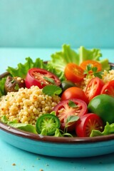 A vibrant and healthy lunch spread featuring a colorful array of fresh vegetables, grains, and protein, perfect for a nutritious and satisfying midday meal , tofu, diet