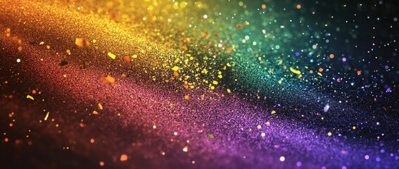 Colorful rainbow gradient background with sparkling glitter and shimmering particles creates vibrant and festive atmosphere, perfect for celebrations and artistic designs