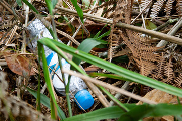 Disposable plastic bottle left abandoned on the ground in the jungle