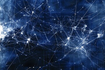 Abstract network of connected lines and dots on dark blue background