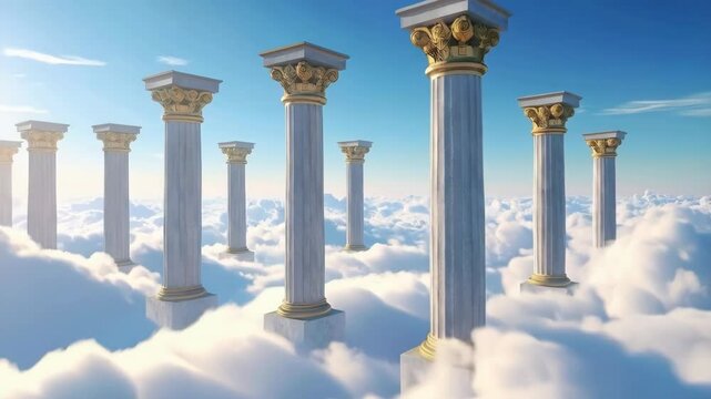 Classical columns rise from a sea of fluffy white clouds under a serene blue sky, evoking a sense of transcendence and architectural beauty.